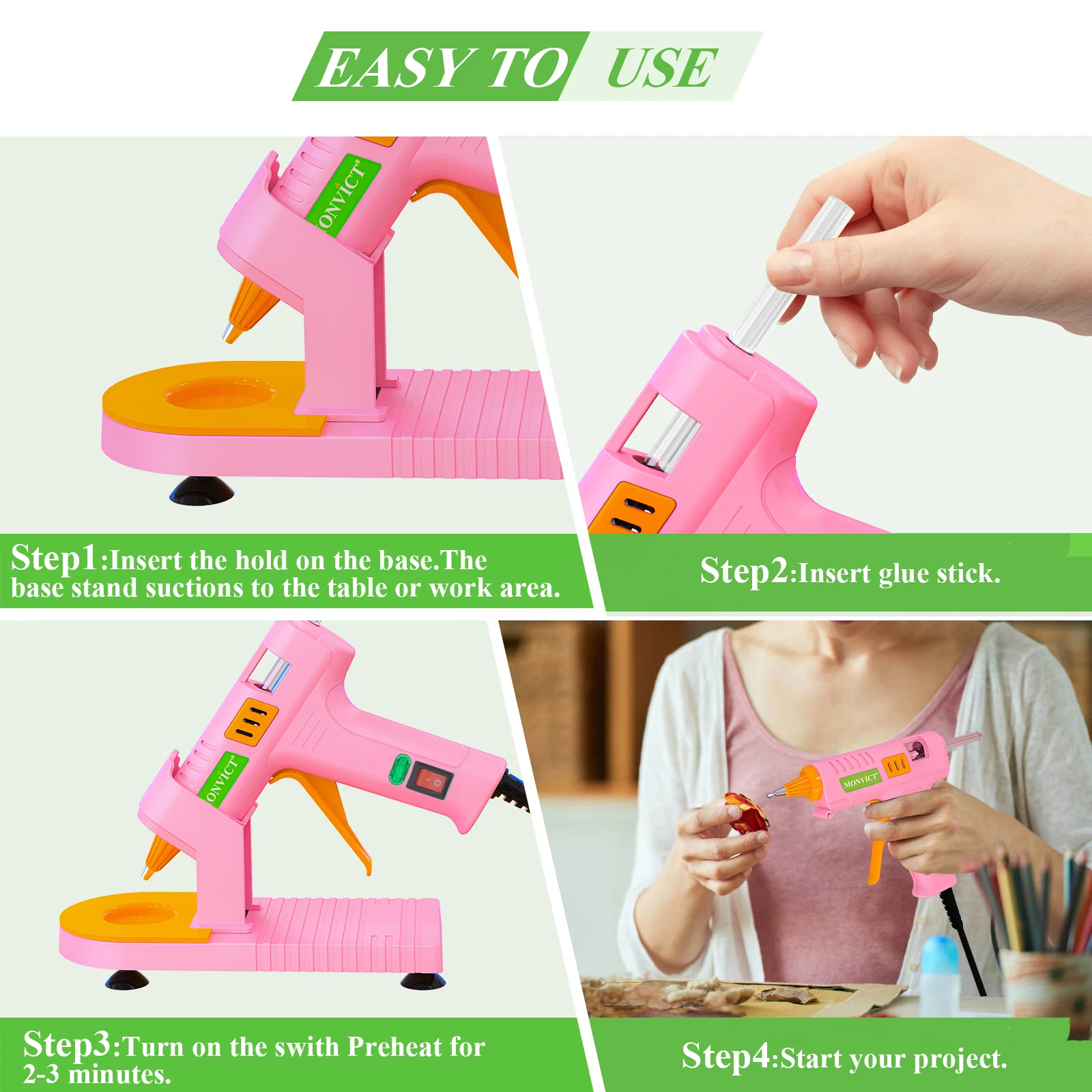 Pink Hot Glue Gun Kit with Suction Cups Stand Anti Stick Silicone Mat Fine Tip & 30 Glue Sticks, Mini Glue Gun for DIY, Craft US