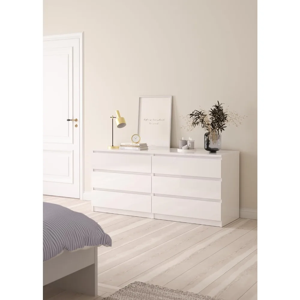 6 Drawer Double Dresser, High Gloss Contemporary Design That Provides A Modern and Cohesive Ambience