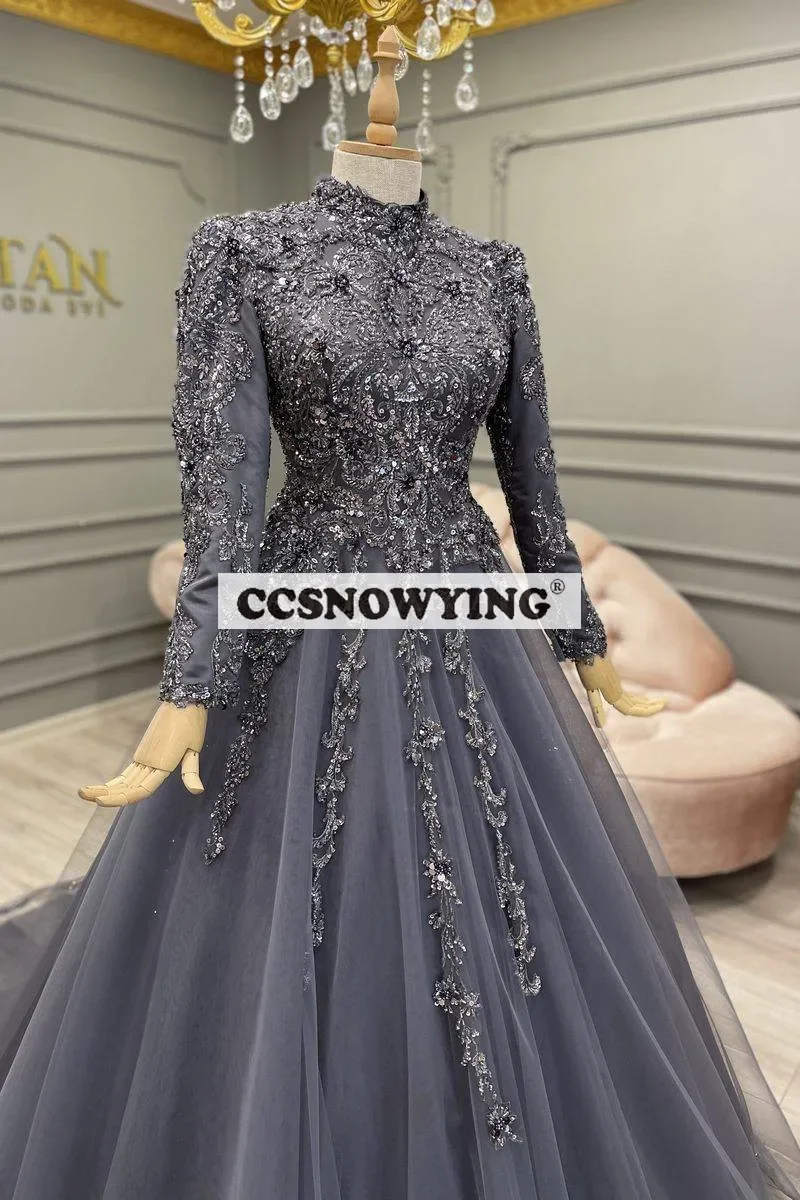 Luxury Appliques Beaded Muslim Evening Dresses Islamic Tulle Long Sleeve Hijab Formal Party Gown Arabic Dubai Moroccan Caftan