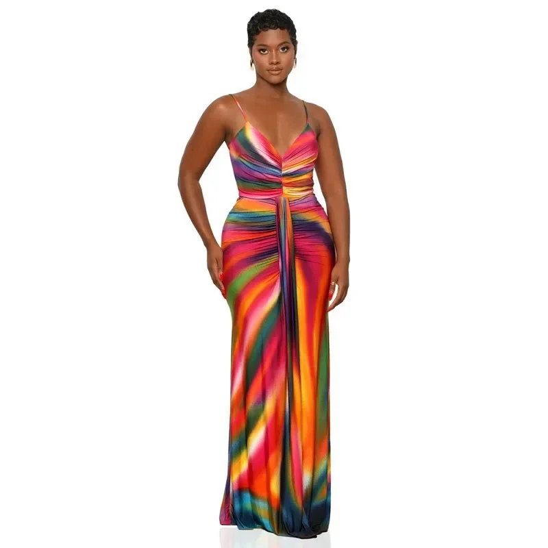 

KEXU Tie Dye Print Sleeveless V-Neck Strap Long Maxi Dress Street Ruched Women Party Night Evening Vestido Holiday Dresses
