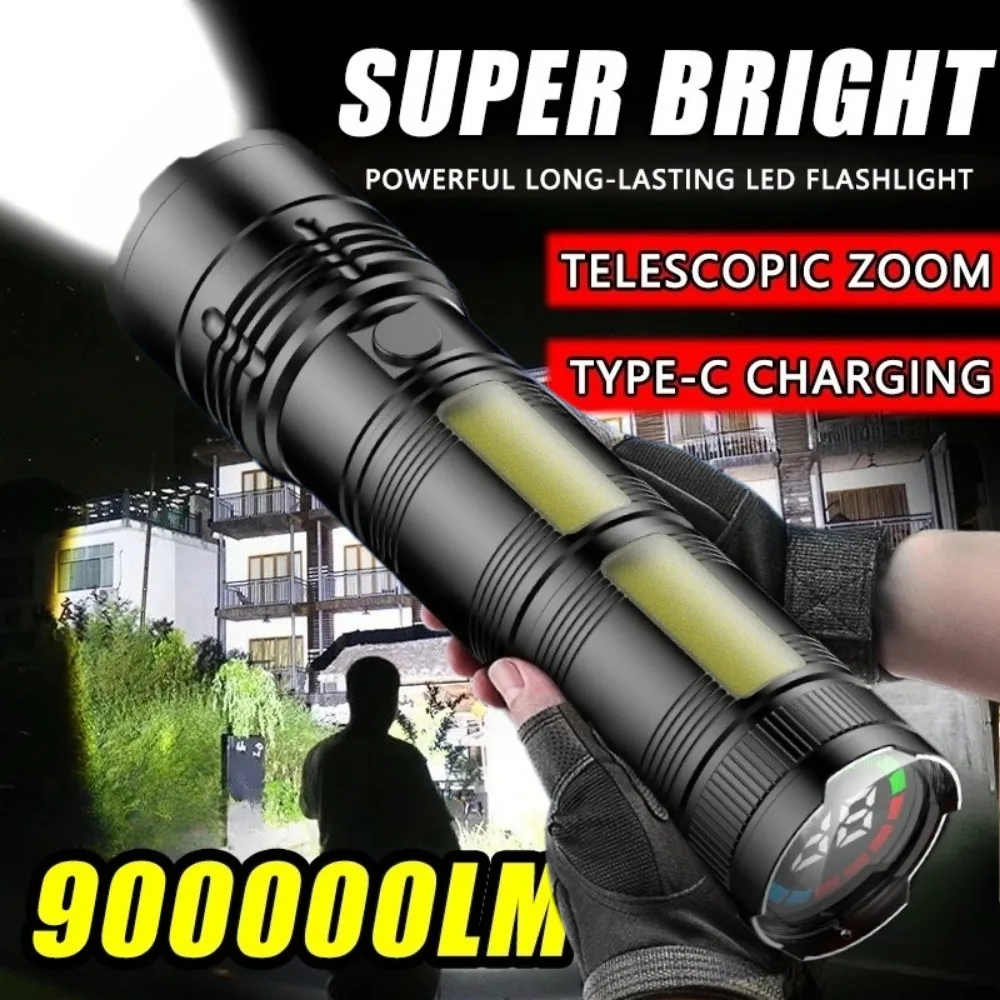 

900000LM Powerful LED Flashlight with Digital Display Portable Zoom Lantern Type-c Rechargeable Handheld Lamp for Camping Hiking