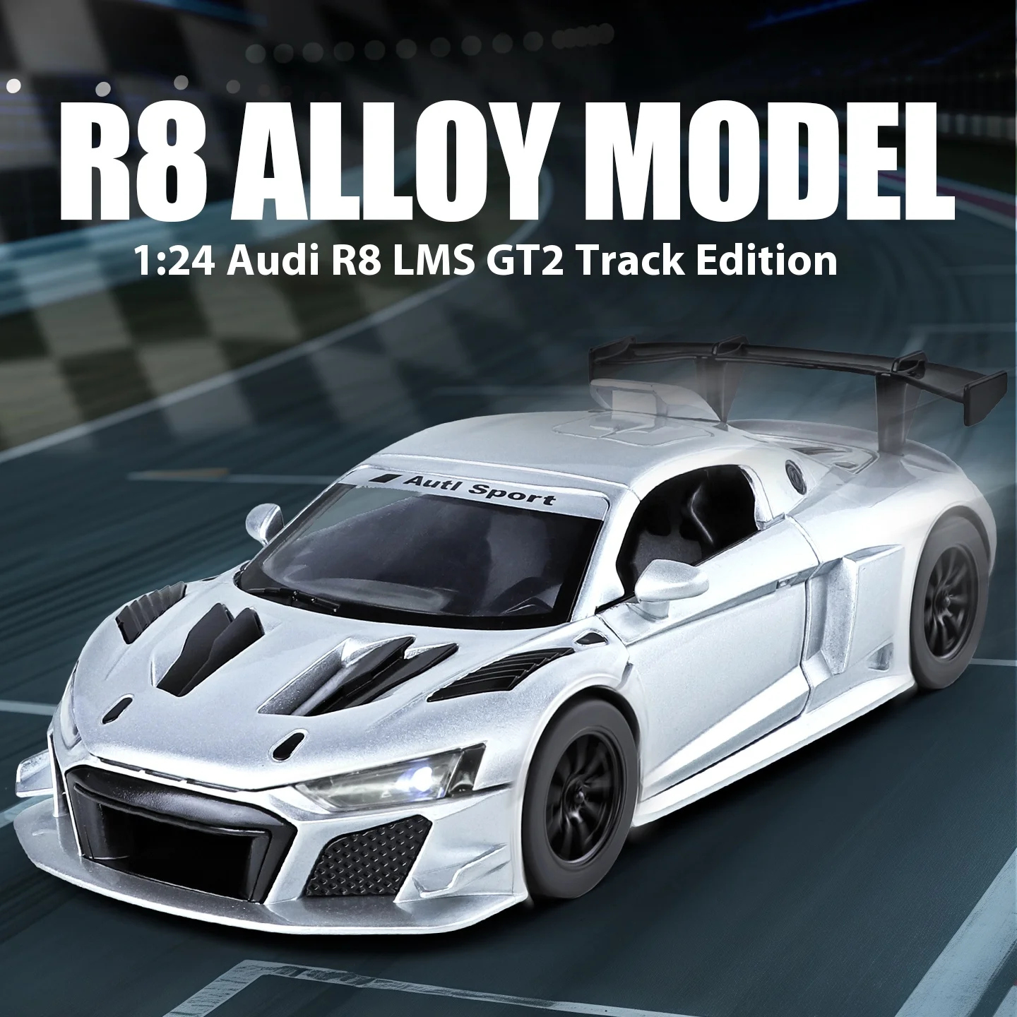 

1/24 R8 LMS GT2 Track Edition модель автомобиля металлический литой звук свет втягивание коллекция подарок на день рождения игрушки для мальчиков