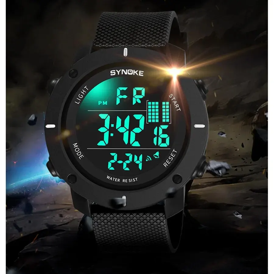 SYNOKE Men Outdoor Sports Multifunctional Waterproof Shock Resistant Large Screen Display Luminous LED Digital For Men Fashion