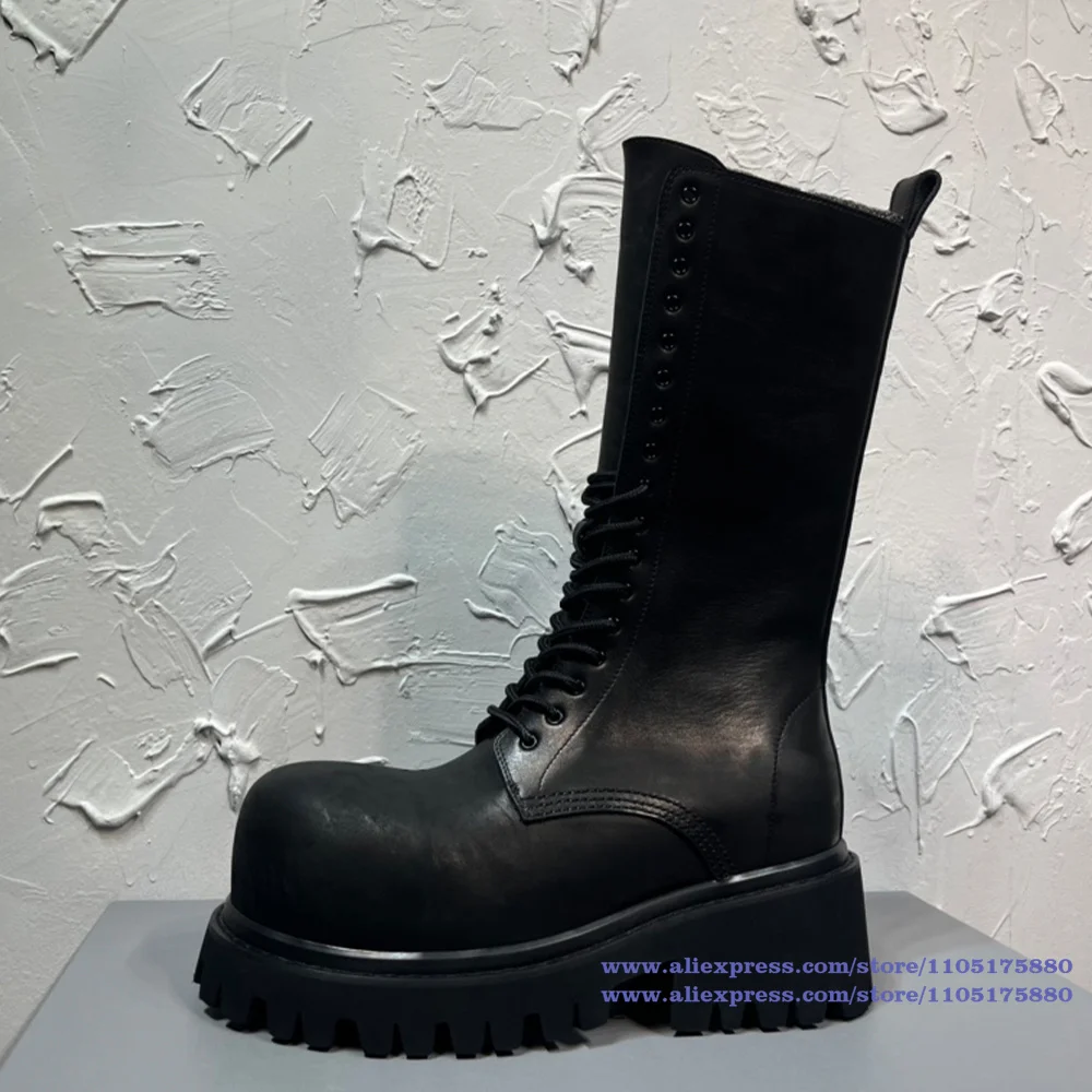 Thick Soled Height Increasing Motorcycle Boots Round Toe Lace-Up Men's Boots Luxury Designer Trendy Men's Shoes Botas Mujer