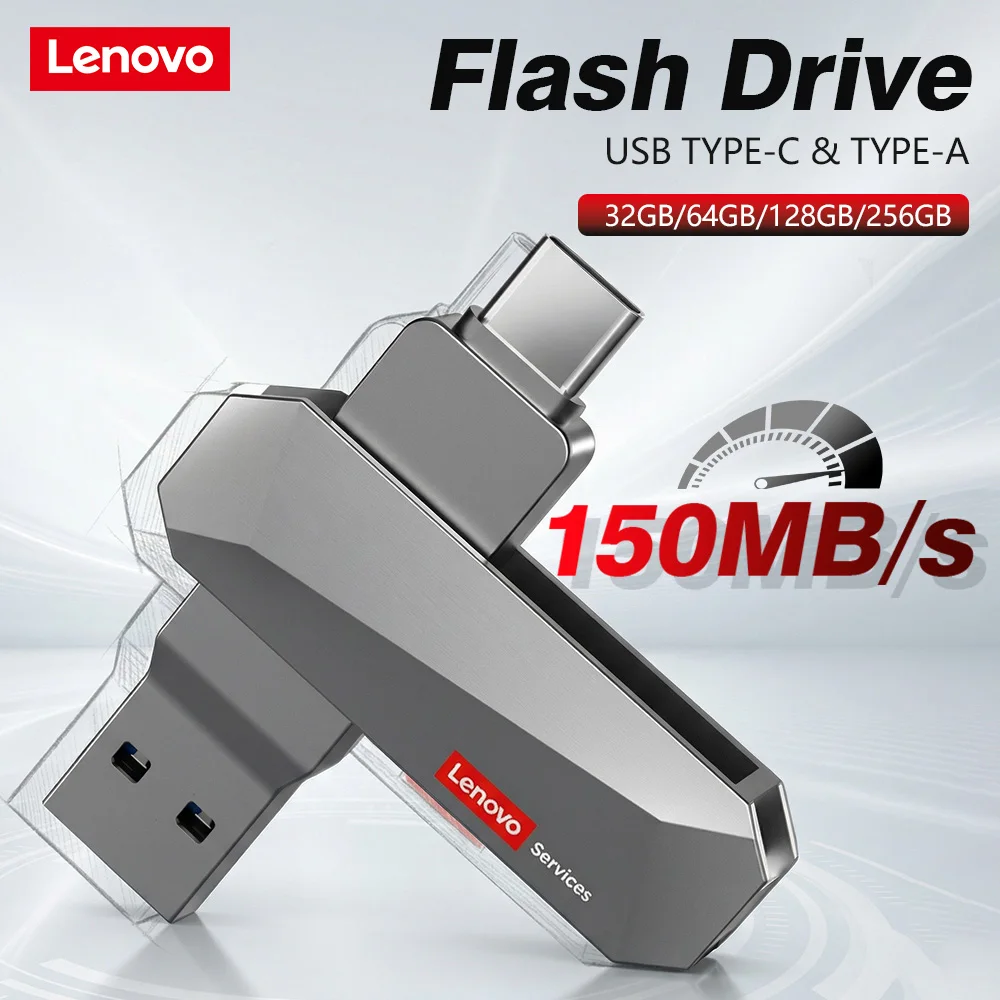 

Lenovo 32/64/128/256GB USB 3.2 Type-C Dual Flash Drive 150MB/s High Speed Metal Housing Swivel Design Thumb Drive Reading Speed