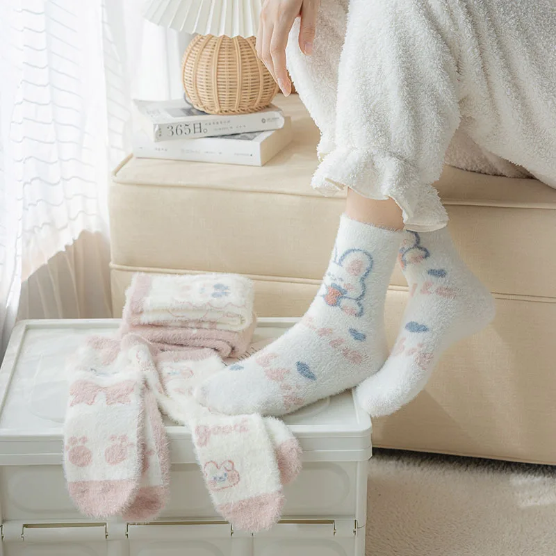 Sweet Pink Rabbits Bowknot Imitation Mink Socks Winter Plush Warm Home Sleeping Socks Ins Japanese Cartoon Cute Furry Tube Socks