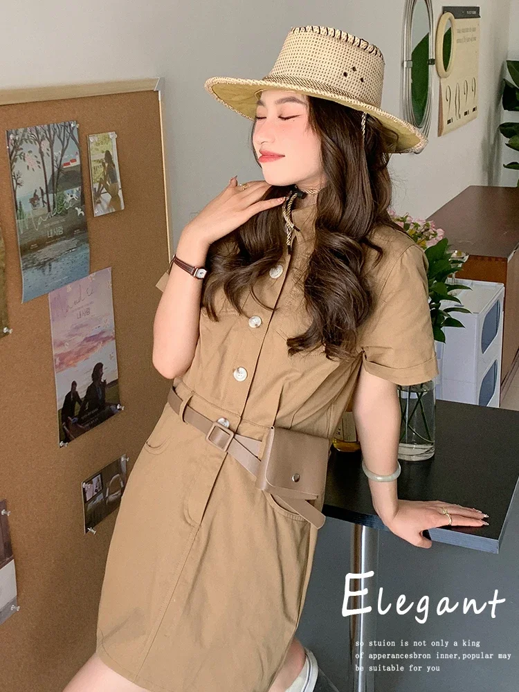 JMPRS Safari Style Slim Fit Dress Women Summer 2022 Vintage Khaki Dresses with Waist Bag  Female Button Cowboy Vestidos Mujer