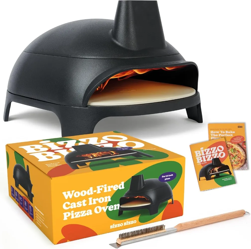 Cast Iron Wood Fire Pizza Oven Outdoor - Easily Fits 12 Inch . Wood Burning Oven with Stone, Recipe Book and