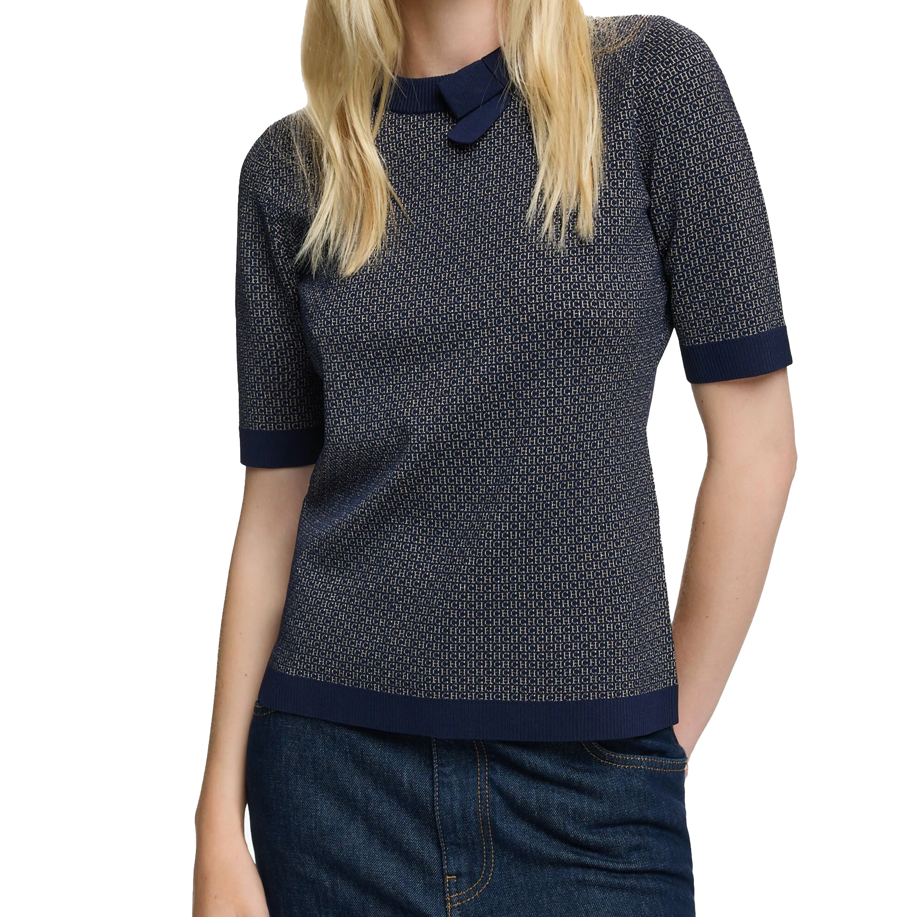 CHCH Women\'s Knitted Pullover Fashion Short Sleeve Patchwork Sweater Top Elegant Slim Contrast Lapel Knitted Pullover Top