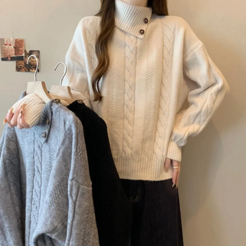 Mädchen Koreanische Grau High Neck Pullover Gestrickte Pullover Strickjacke frauen Einfarbig Einfachen Stil Verdicken Vintage Herbst Winter