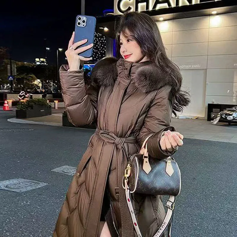 

2025 New Fur Collar Hooded Long Slim Lace-up Down Jacket for Women's Winter Loose and Thick Warm Jacket Fashion Female Clothes