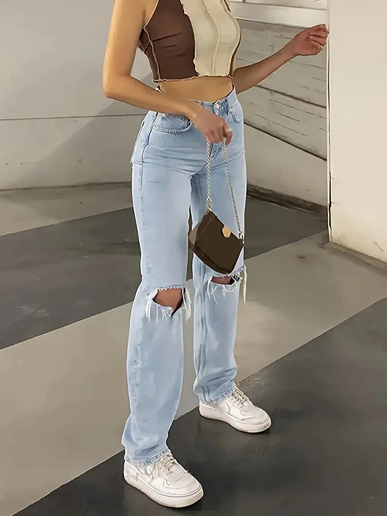 Women's New Knee-piercing Jeans Women's Loose Comfortable Casual All-match Straight Micro-elastic Jeans