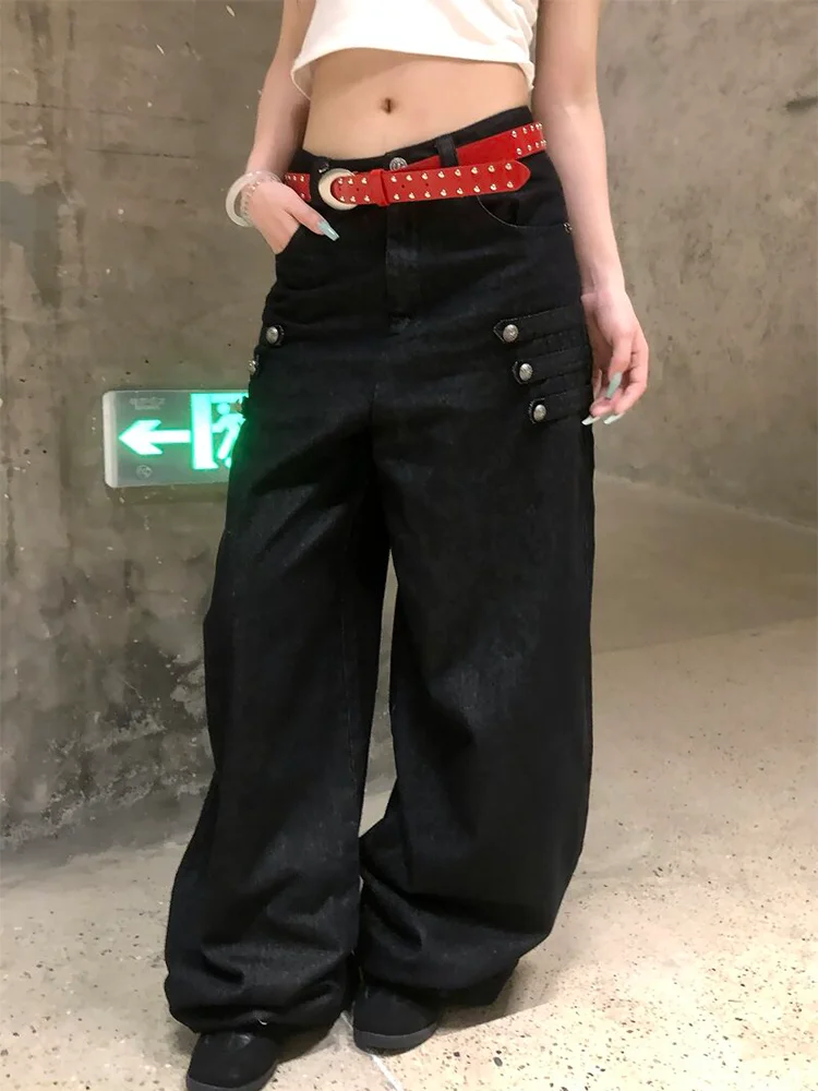 plus Size American Design Multi-Button Denim Pants Women's Loose Black Casual Wide Leg Pants High Waist Vintage Washed