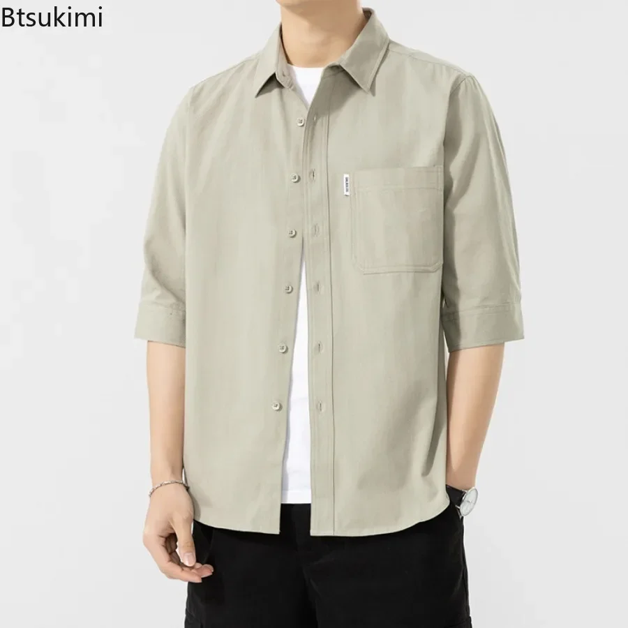 2025 Fashion Men's Short-sleeved Casual Shirt Comfortable Water Washed Cotton Shirt Coats Solid Loose Cardigan Tops Male Blouses