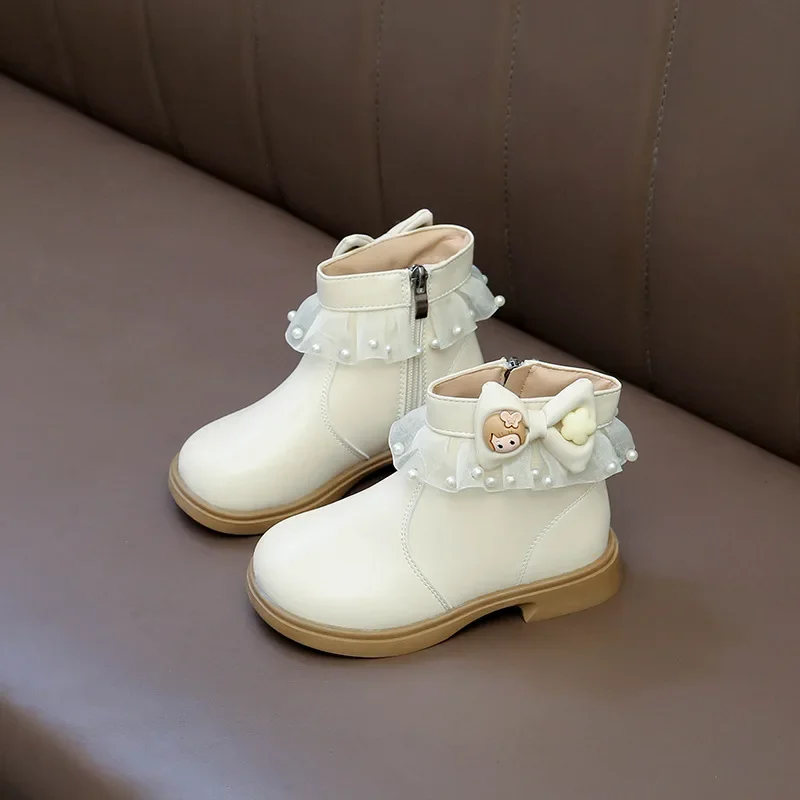 

Новинка осени 202, детские кружевные ботильоны принцессы, кожаная обувь с молнией, модные короткие сапоги для девочек