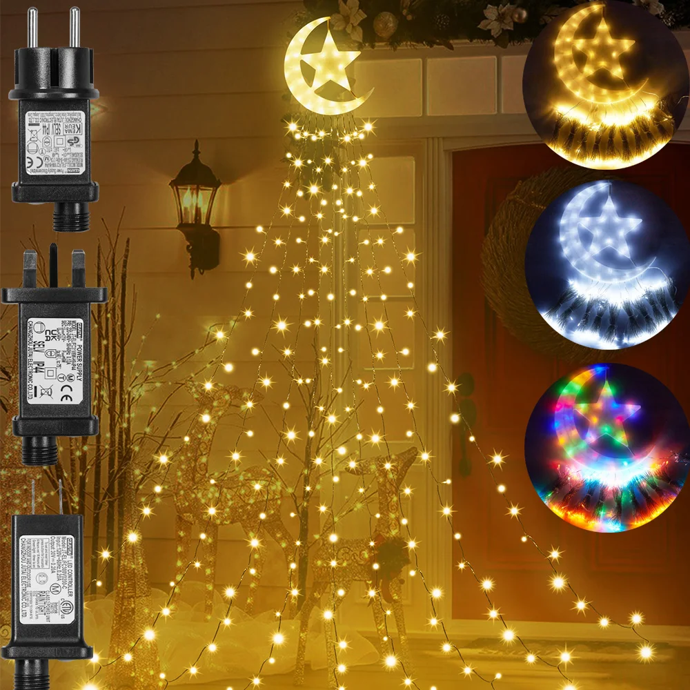 Outdoor Christmas Decoration Waterfall Lights 350LED 8Modes Tree Lights Topper Star Patio Holiday Lighting Memory Garland Lights