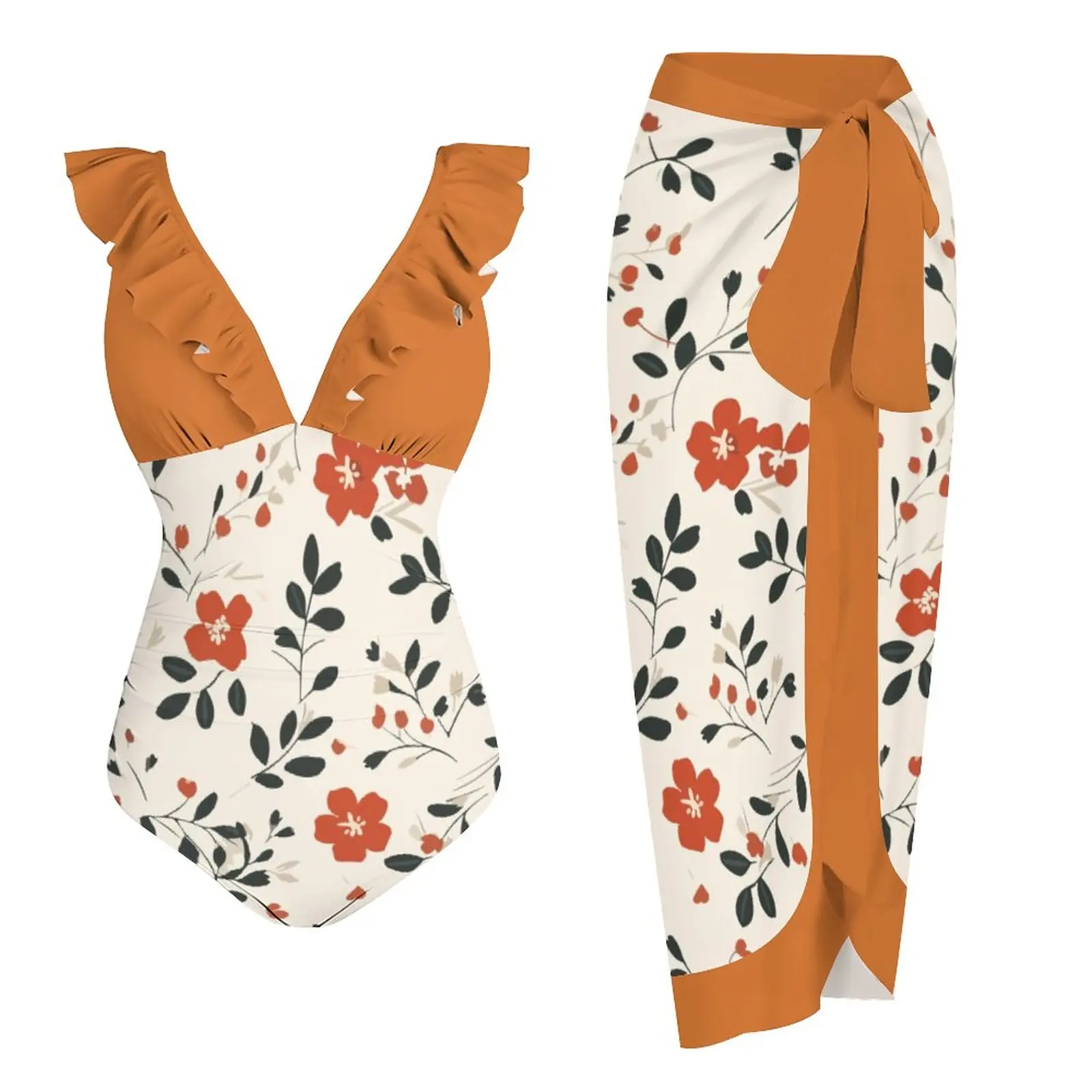 

2023 Orange Flolar Print Swimsuit Shoulder Straps Hydrangea One-Piece Sexy Fashion Bikini High Waist Elegant Ruffle Beach Dress