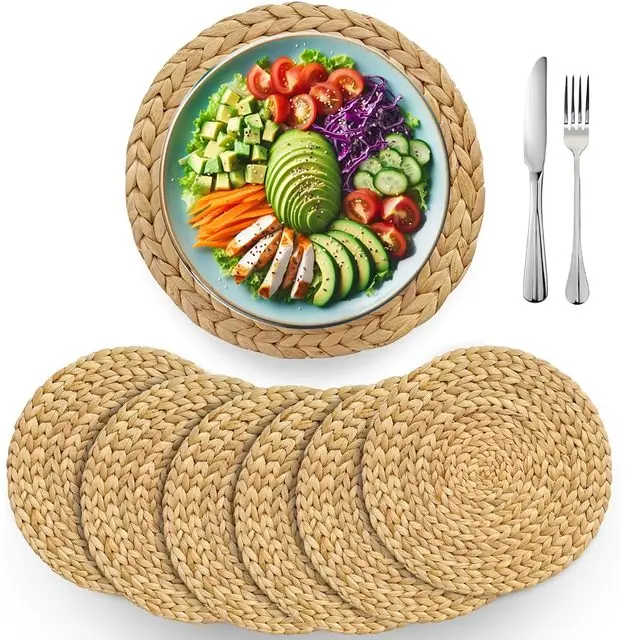 6-piece hand-woven rattan placemats - round woven table mats, suitable for dining rooms and living rooms, heat-resistant
