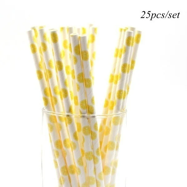 1set Lemon Disposable Straws Paper Cake Toppers Hanging Banner for Summer Lemon Happy Birthday Pool Party Decoration Supplies