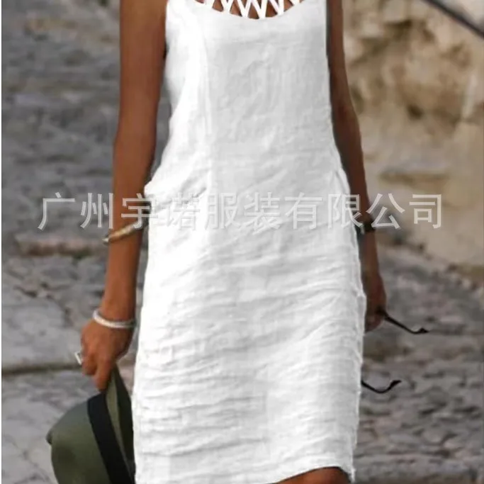 2023 Women's Solid Color Cotton Linen Casual Tank Dress Fashionable Ladies Sleeveless Vest Style Dress