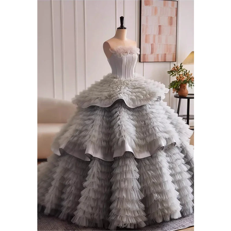 Bespok Occasion Dress Gray Tulle Ruffles Quality Strapless Lace up Princess Floor length Plus size Women Party Evening Ball Gown