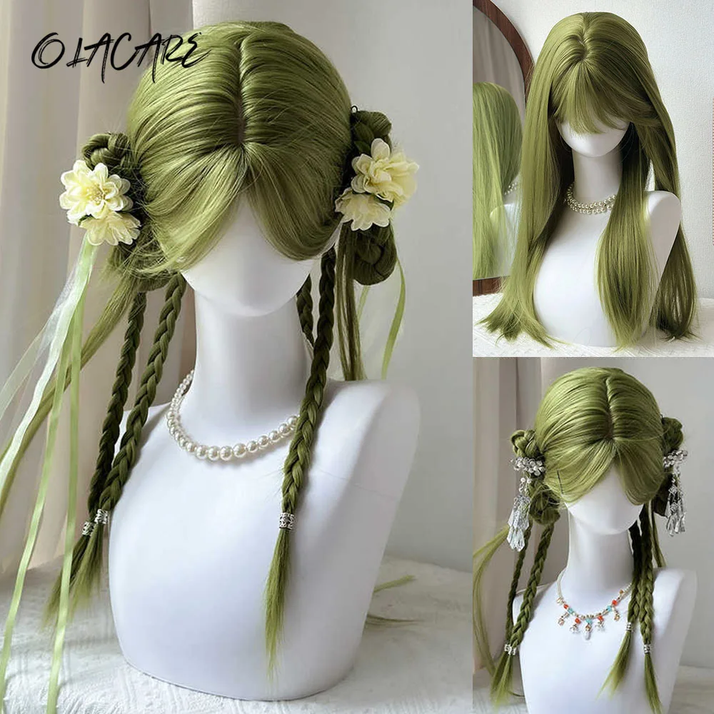 OLACARE Green Blue Synthetic Wigs With Bangs for Women Long Straight Hair Wig Natural Cosplay Party Heat Resistant