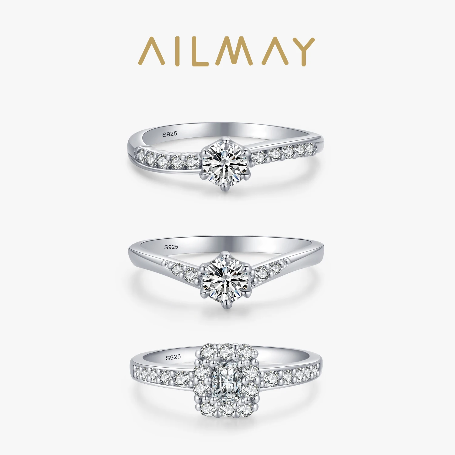 Ailmay Real 925 Sterling Silver Sparkling 1Ct CZ Wedding Stackable Finger Ring For Women Platinum Plated Brand Fine Jewelry Gift