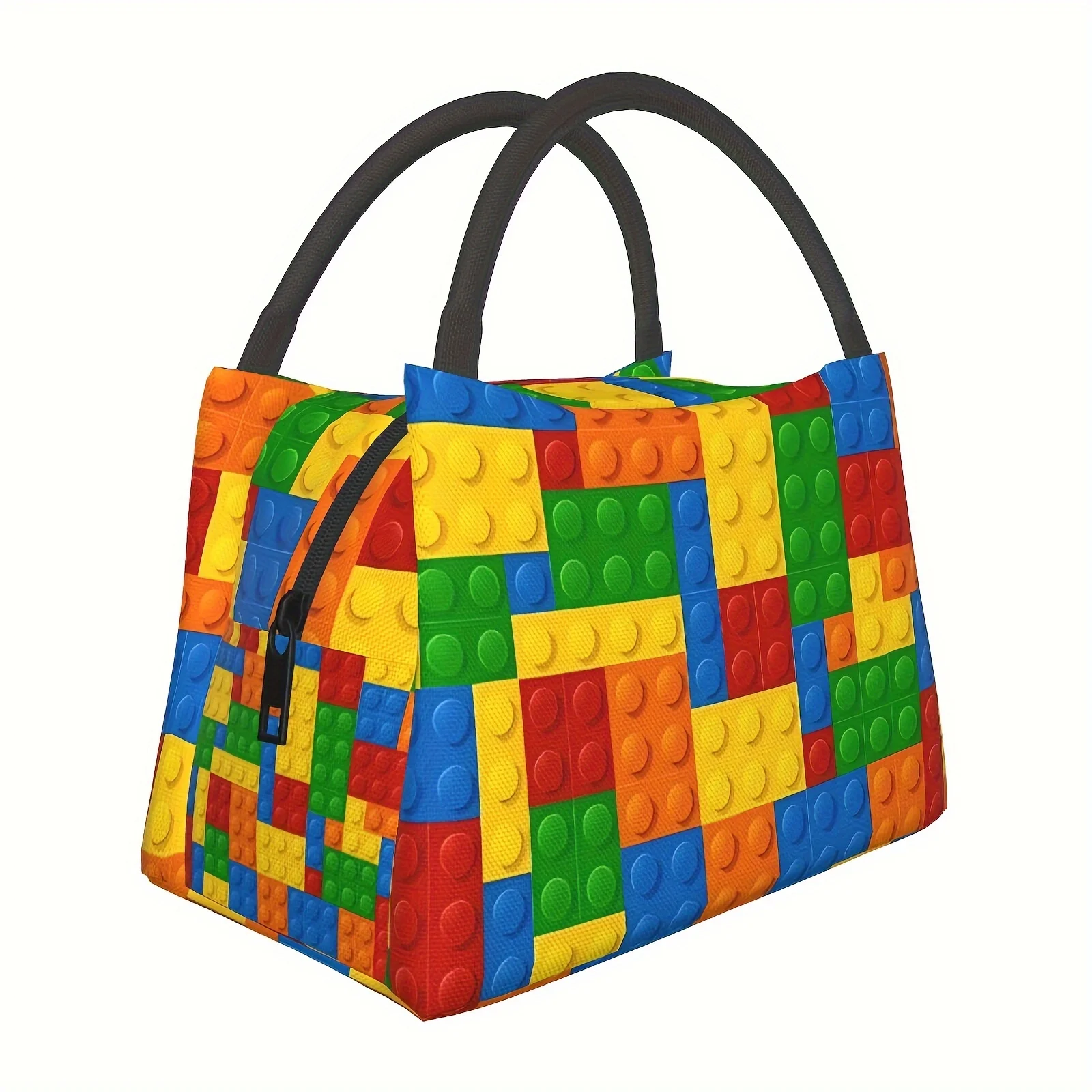 Colorful Building Blocks Print Lunch Bag Fun Brick Pattern Insulated Cooler Bag Reusable Leakproof Tote Bag For School Picnic