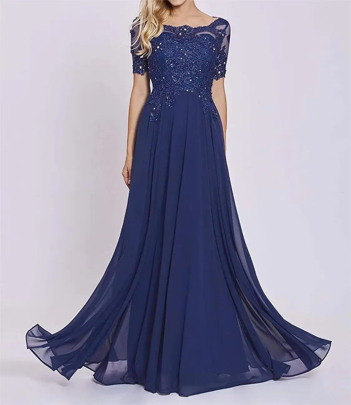 Mother of The Bride Dress 1/2 Sleeves Lace Appliques Long Chiffon Prom Dresses for Women's Formal Wedding Party Growns