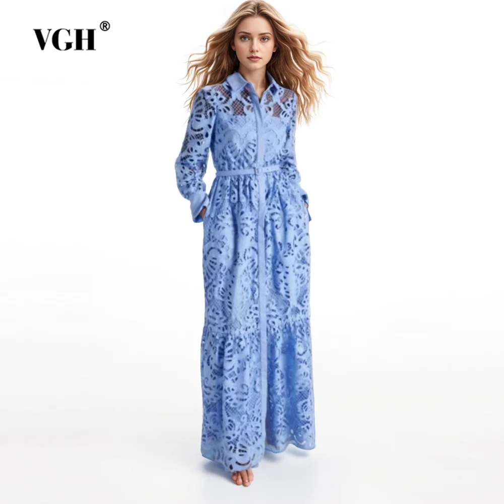 VGH Elegant Hollow Out Patchwork Belt Dresses For Women Lapel Long Sleeve High Waist Embroidery Dress Female Fashion Style New