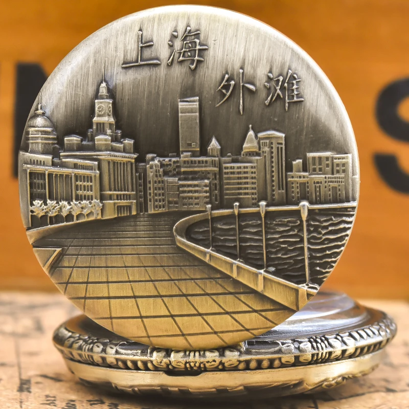 خمر البرونزية Steampunk شنغهاي الجذب منحوتة ساعة جيب كوارتز قلادة قلادة ساعة سلسلة الرجال سلسلة نسائية هدية