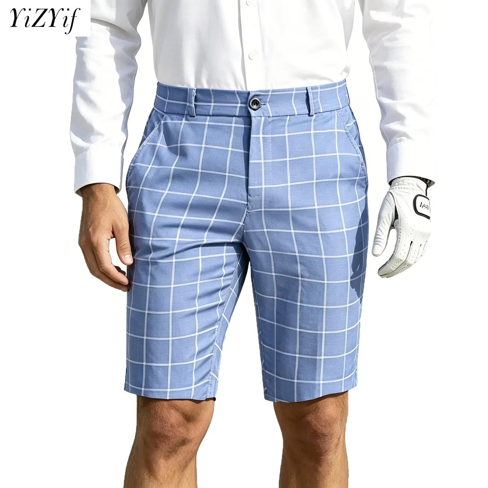 

Mens Fashion Golf Shorts Breathable Stripe Plaid Printed Athletic Short Pants with Pockets for Daily Golf Course Business Work