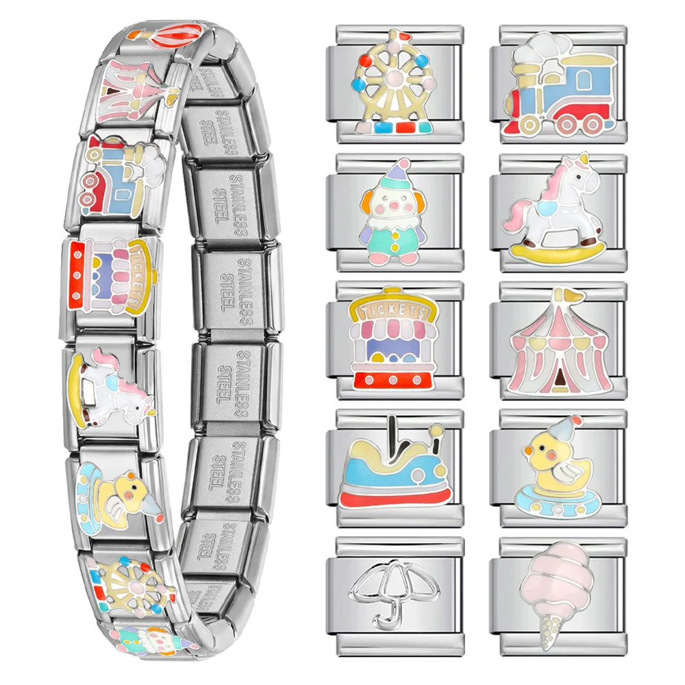 Classic Cute Carousel Clown Ferris Wheel Cartoon Fun Park Bracelet Stainless Steel Charms 9mm Italian Link DIY Jewelry Bracelets