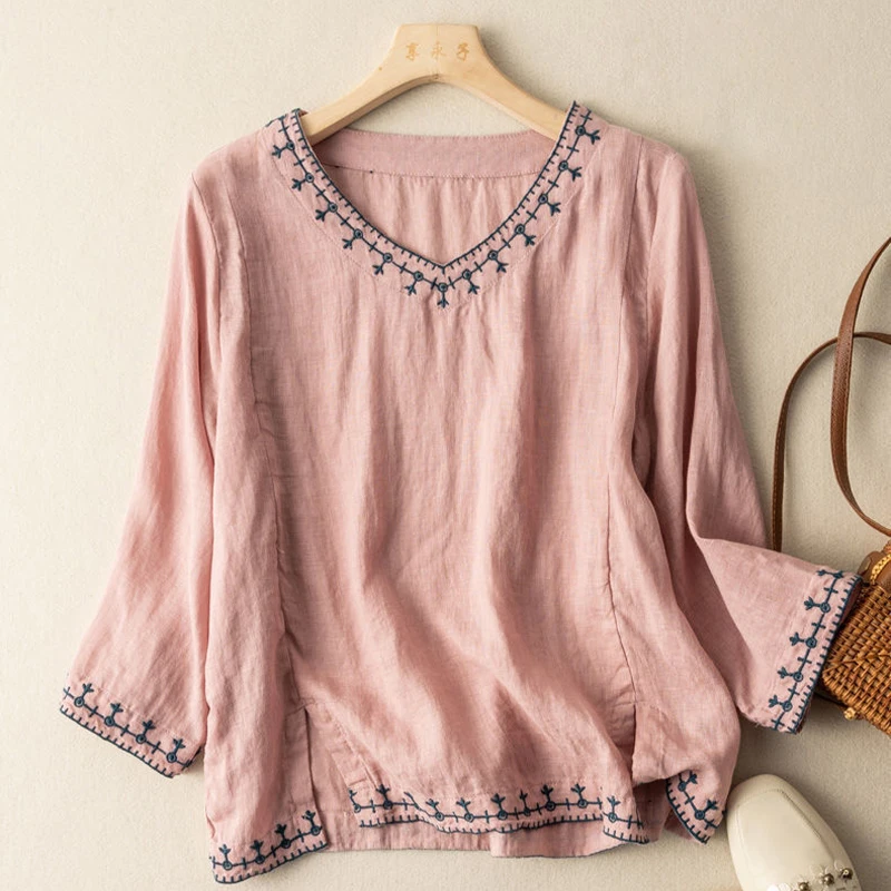 Women Spring Summer Imitation Cotton Linen Shirt Lady Vintage Embroidery Tops Retro Literary Art Blouse Chic Casual Loose Shirts