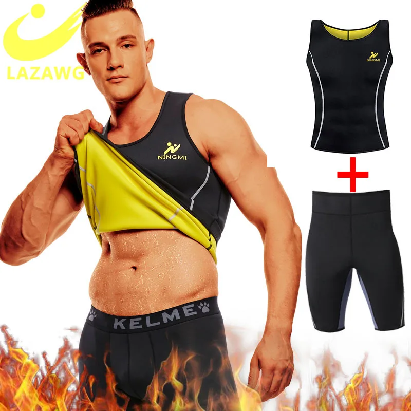 Lazawg conjuntos magros sauna terno para homens quente suor colete de fitness treino sauna camisas neoprene ginásio cintura formador corpo superior