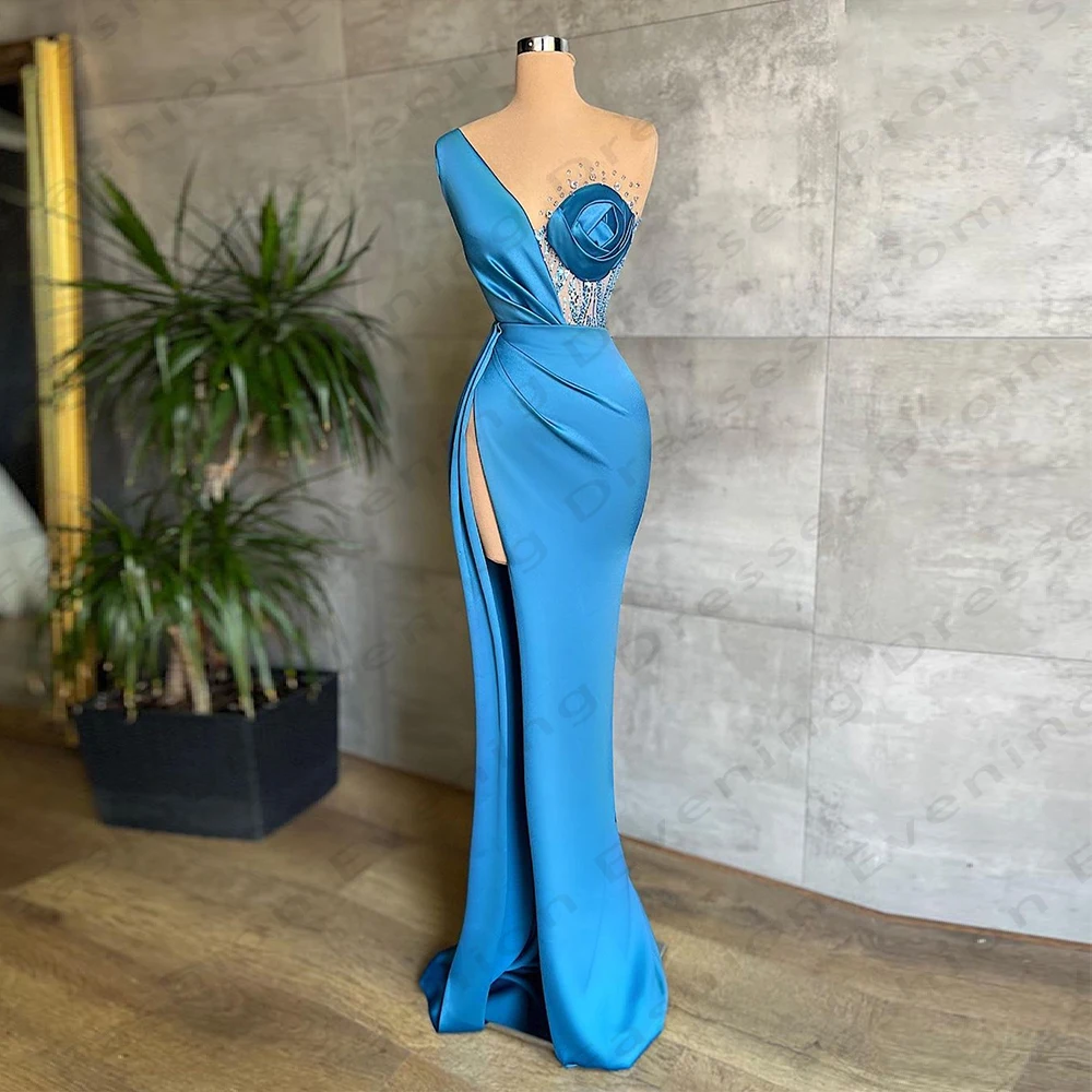 Vestidos de Noche azules para mujer, sirena con abertura lateral para traje Sexy de baile de graduación, moda Formal para celebridades, Fiesta en la playa, 2024