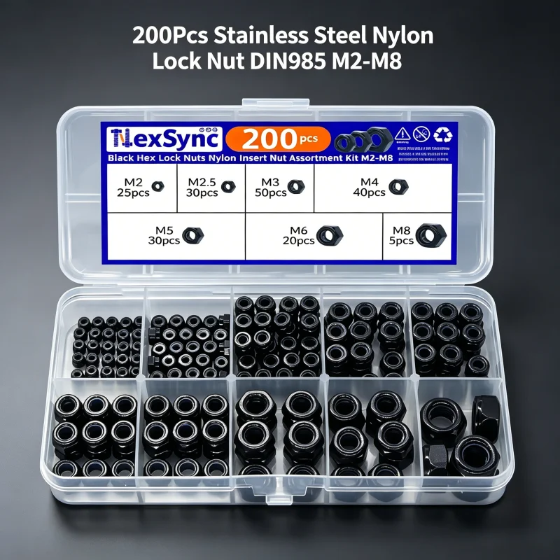 200pcs DIN985 Hex Nylon Insert Self Lock Nut Nylock Locknut Assortment Kit Set M2 M2.5 M3 M4 M5 M6 M8 304 A2-70 Stainless Steel