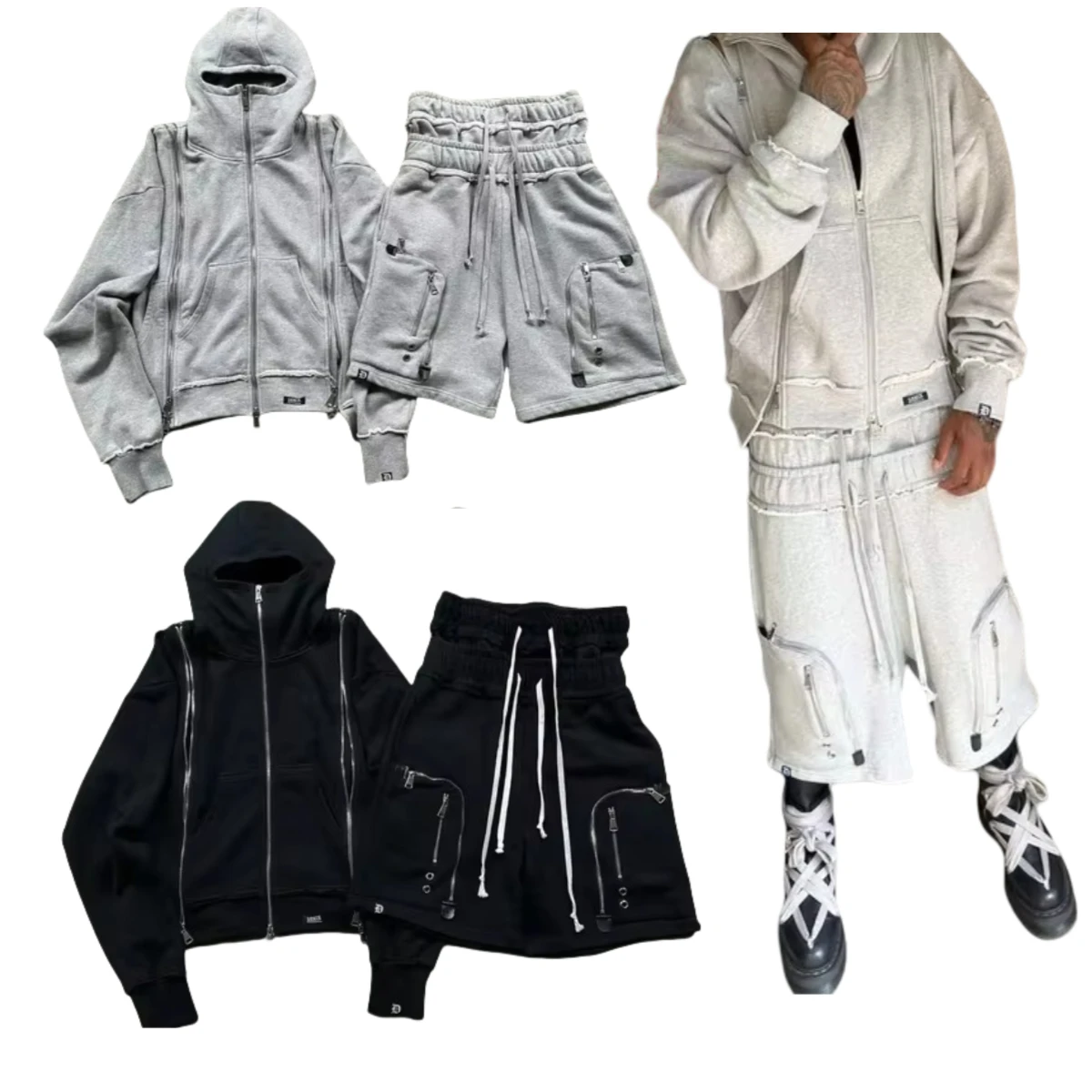 Streetwear SuitGoth Hip Hop Shorts Suit Tracksuit Men Y2k Zipper Solid Color Hoodies Harajuku Punk Sweatpants Sweatshirt Hoodie