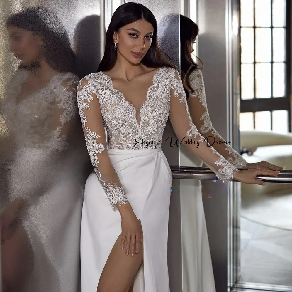 Модное свадебное платье с аппликацией по индивидуальному заказу, женское свадебное платье из джерси с длинными рукавами и v-образным вырезом, со шлейфом, Vestidos De Novia 2025