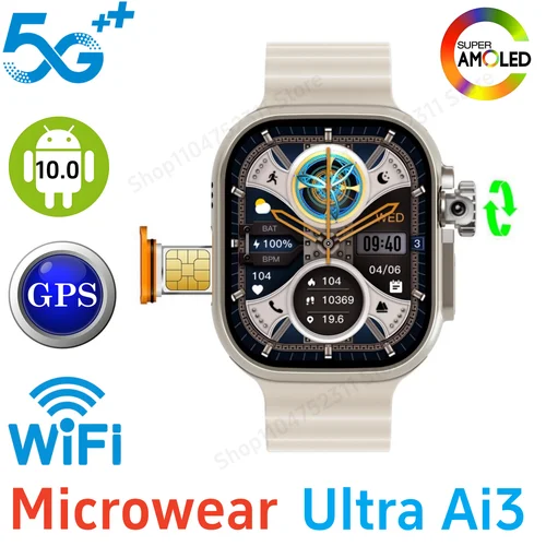 Microwear S10 Ultra Ai3 Smartwatch Android 4G 5G LTE reloj inteligente con cámara giratoria NFC brújula reconocimiento facial llamada Global