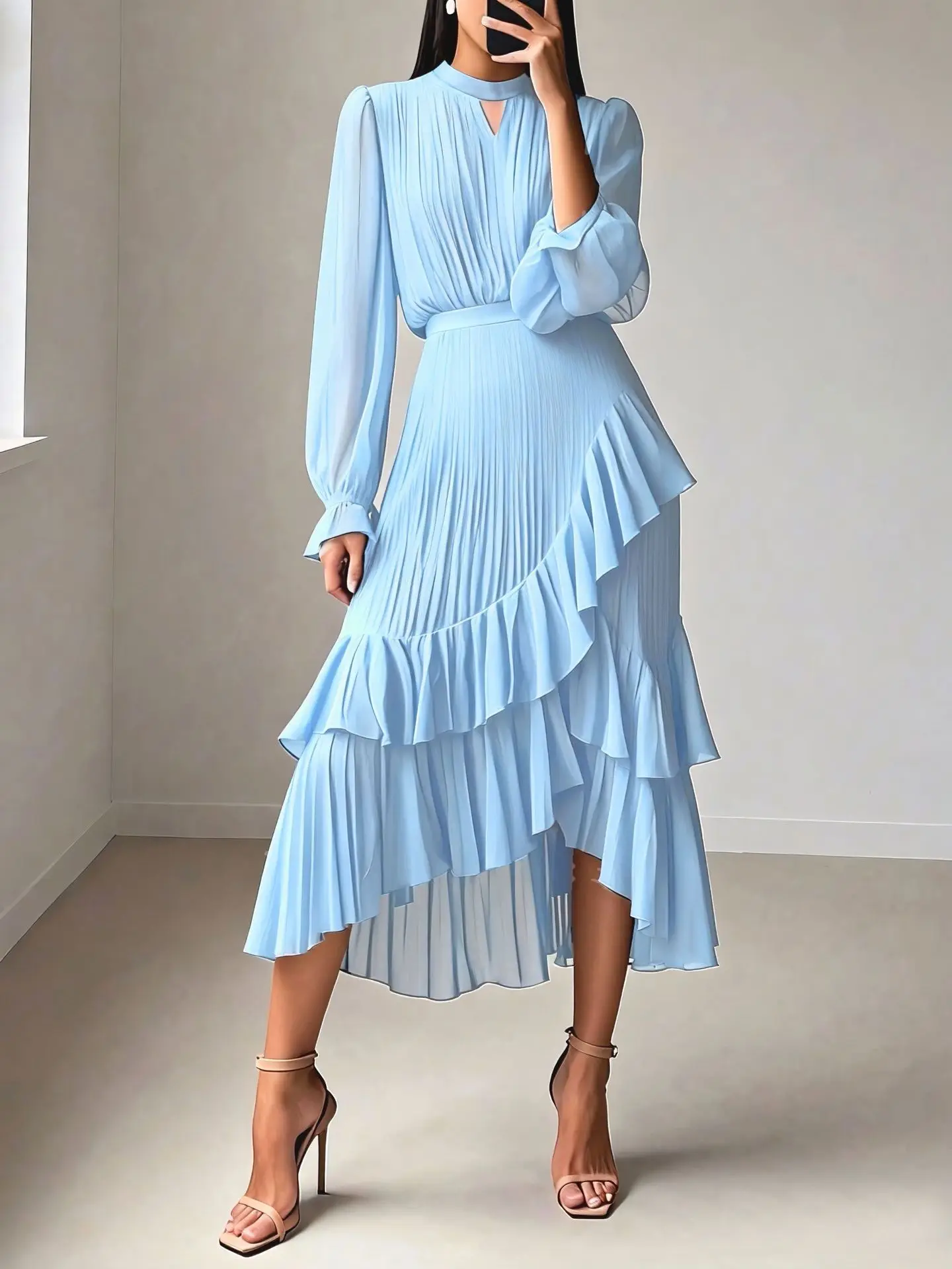 LGRQ 2026 Summer New Solid Color High Waist Dress With Ruffled Hem And Pleats Mid-Length Party Evening Gown