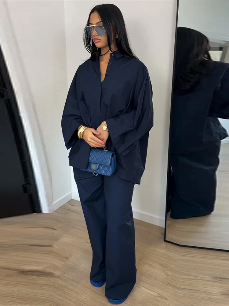 Elegante Damen-Hosenanzüge mit Revers: Oversized Hemd, Langarm-Bluse mit Knopfleiste, Weite Hose, Schickes Einfarbiges Outfit – Detail 34