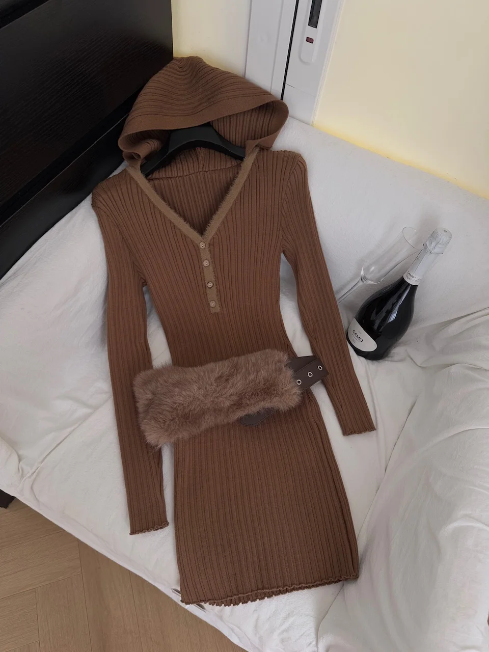 Outono inverno novo estilo de lã de malha com capuz vestido longo com decote em v retalhos cashmere camisola vestido fino ajuste base camada vestido c180