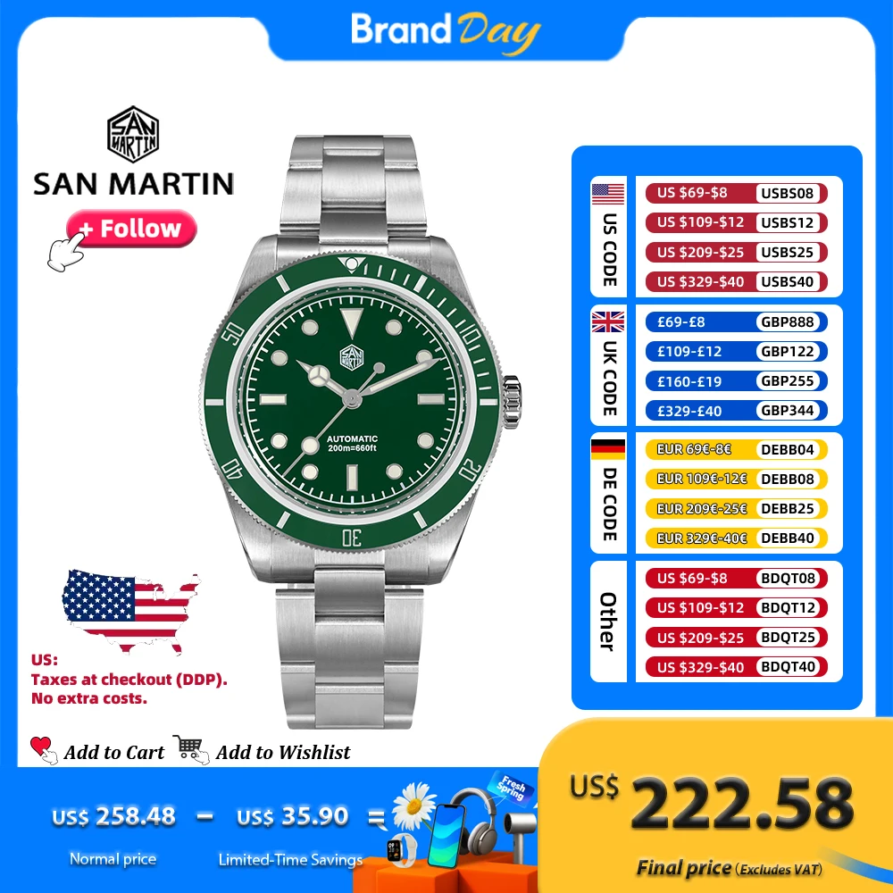 

San Martin 38mm Class Men Diver Watch NH35 Automatic Mechanical Stainless Steel Retro Watches Luminous 20Bar Waterproof SN0004G