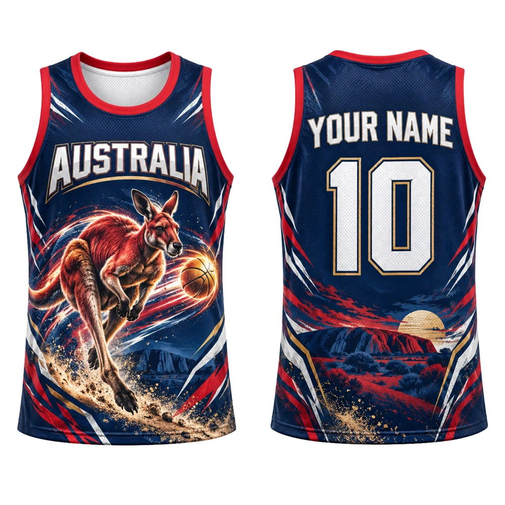 Mens Australia Basketball Tank Top Customized Name Number 3D Print Kangaroo Ocean Waves and Wattle Floral Sports Jersey