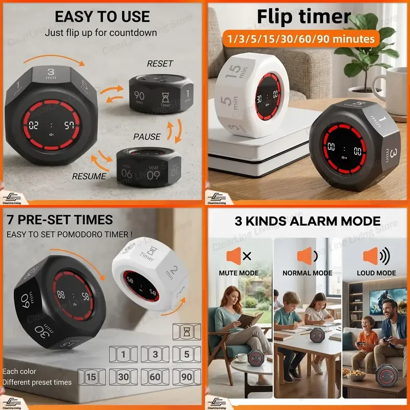Flip Gravity Sensor Digital Timer LED Display Pomodoro Alarm Clock USB Rechargeable Study Kitchen Countdown Time Manager
