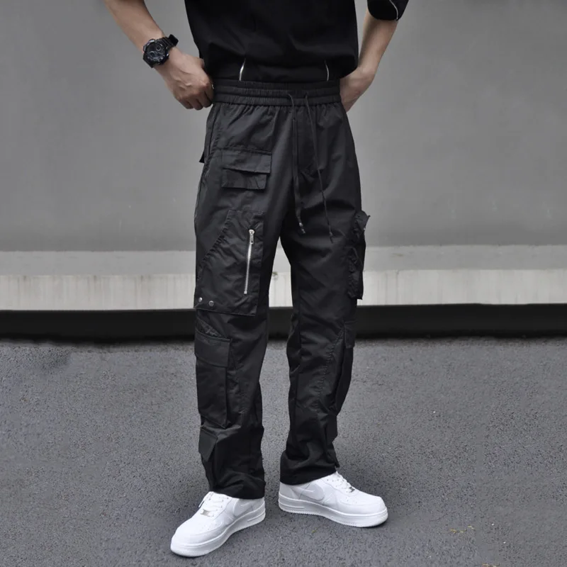 HKSH Summer New Casual Cargo Pants Zipper Multiple Pockets Tactical Straight Workwear Men's Tide Ins Dark Style Overalls HK1645