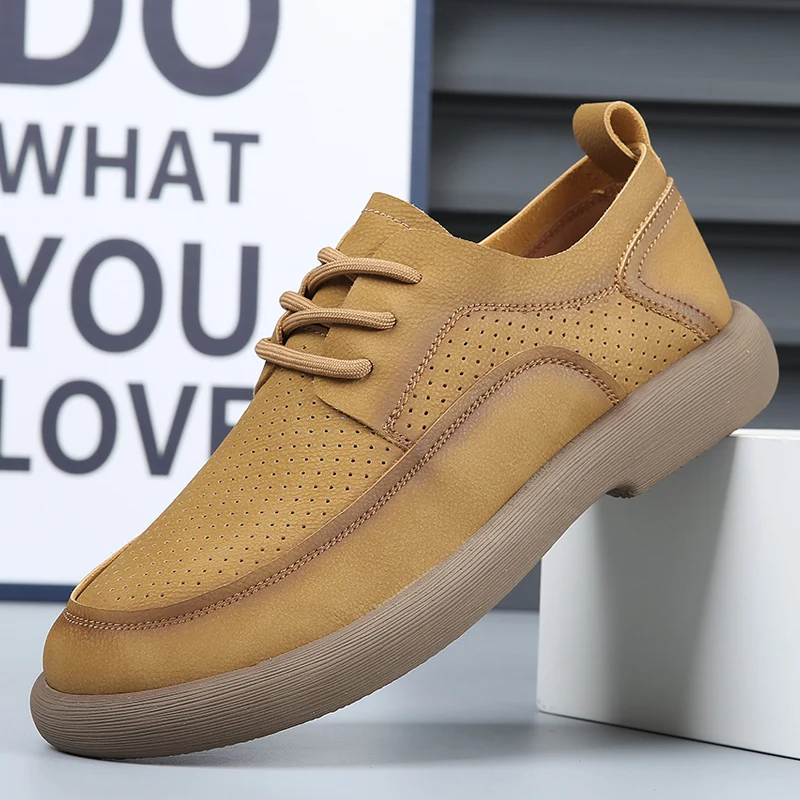 Fashion Men's Yellow/khaki Hollow Breathable Business Casual Leather Shoes Brand Men's Outdoor Comfortable Wear-resistant Shoes