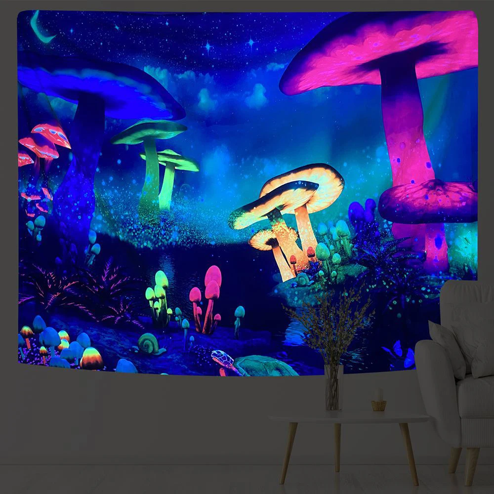 Fluorescent Tapestry Psychedelic Mushroom Room Decor Luminous Hanging Cloth Aesthetic Background Glows Under Ultraviolet Light