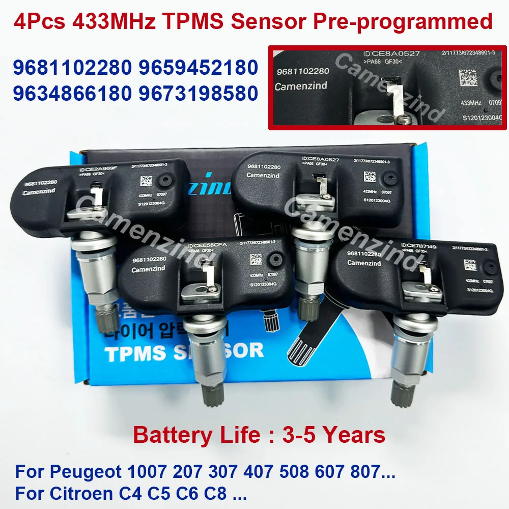 

4 шт. датчиков TPMS 9681102280 9659452180 9634866180 9673198580 для Peugeot 207 208 307 407 408 1007 2008 3008, для Citroen C4 C5 C6